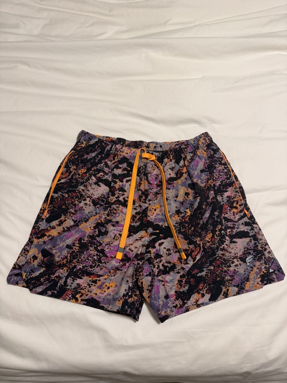 Fabletics Men's Black & Purple Abstract Athletic Shorts with Orange Drawstring